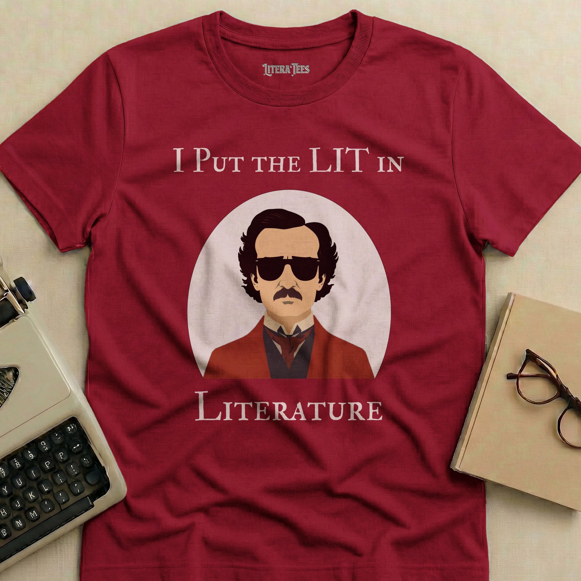 Maroon t-shirt with Edgar Allan Poe graphic and "I put the lit in literature" text.