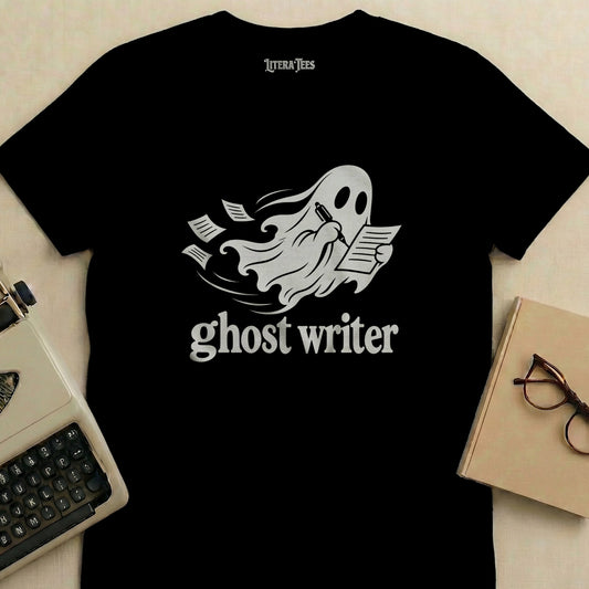 Black t-shirt with a white ghost writing and "ghost writer" text.
