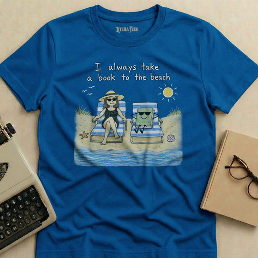 Blue t-shirt with "I always take a book to the beach" graphic.