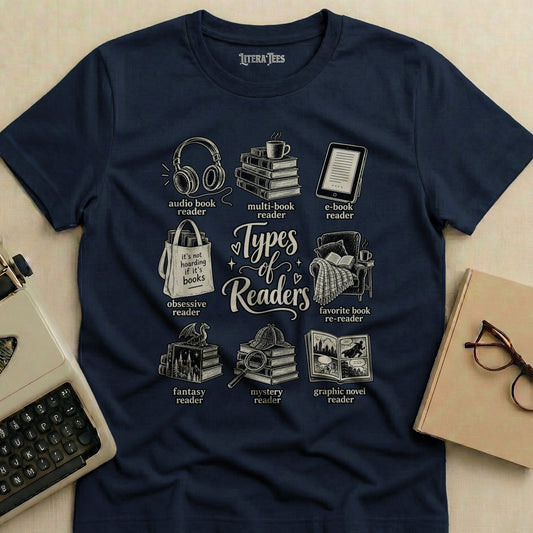 Navy t-shirt with "Types of Readers" graphic featuring nine illustrated reader categories.