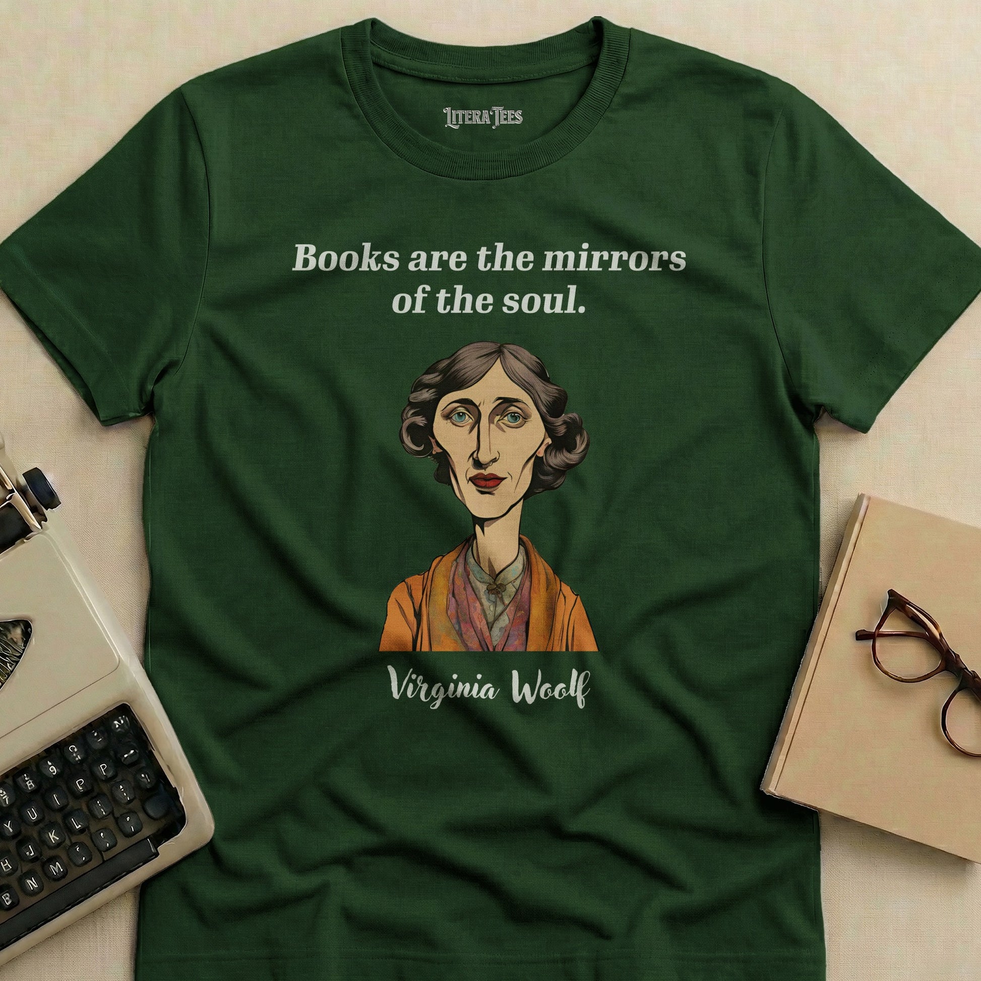 Green t-shirt with Virginia Woolf quote and portrait, "Books are the mirrors of the soul."