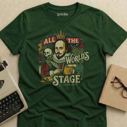 Green t-shirt with Shakespeare drawing, scroll, and text "All the World's a Stage".