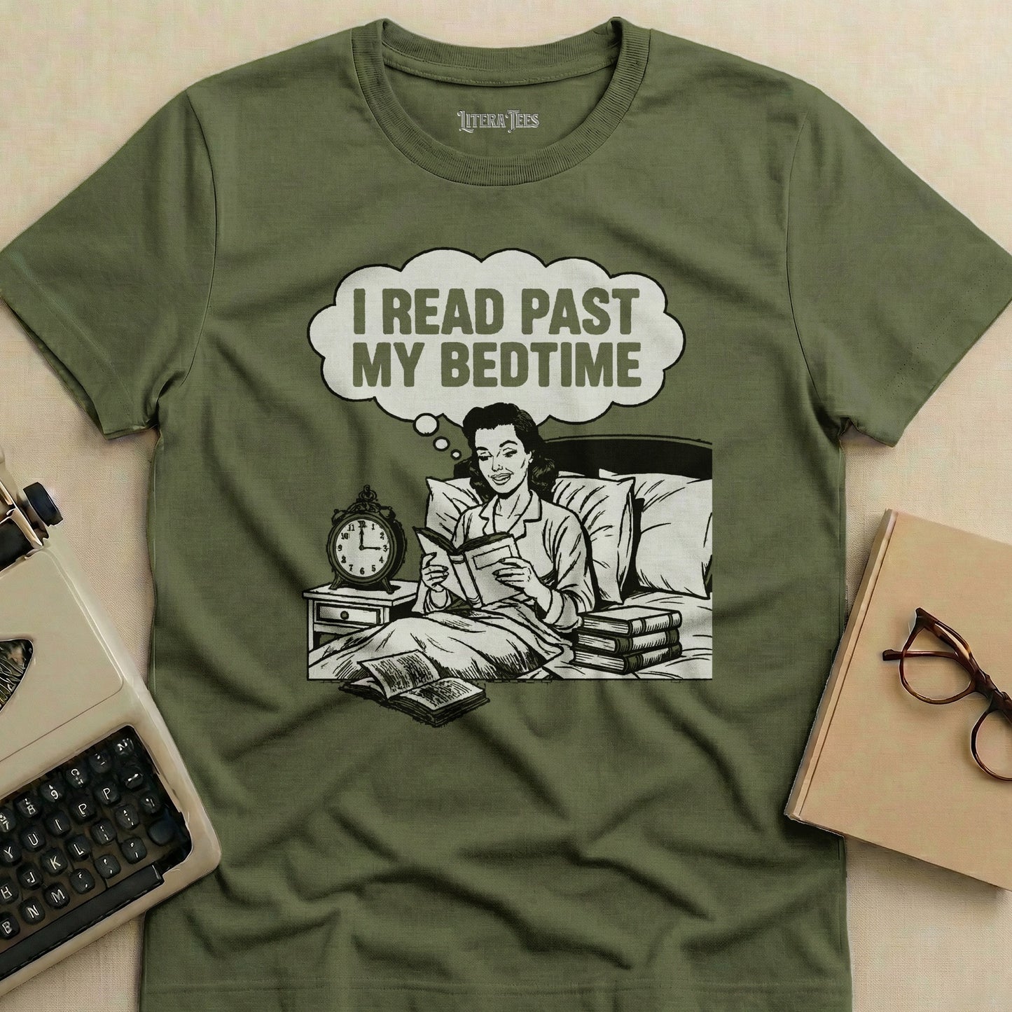 Woman reading in bed, saying "I Read Past My Bedtime"