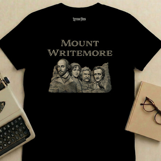 T-shirt featuring "Mount Writemore" with authors bust resembling Mount Rushmore.