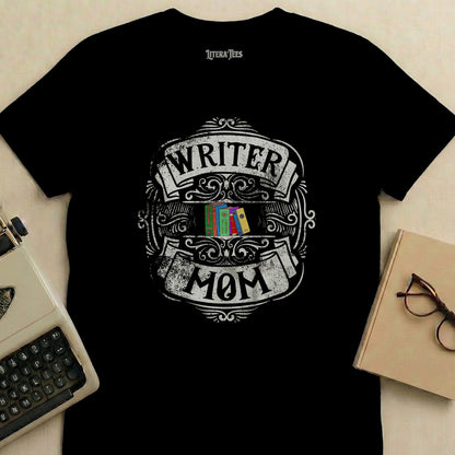 Literatees shirt with "Writer Mom" and books graphic.