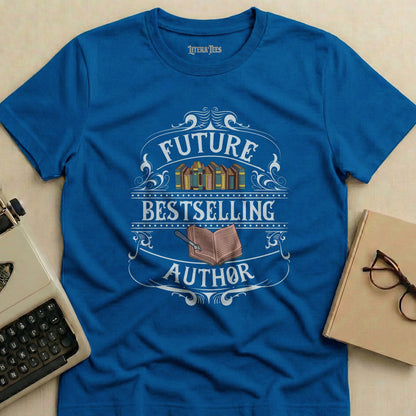 Blue t-shirt with "Future Bestselling Author" text and book graphics.