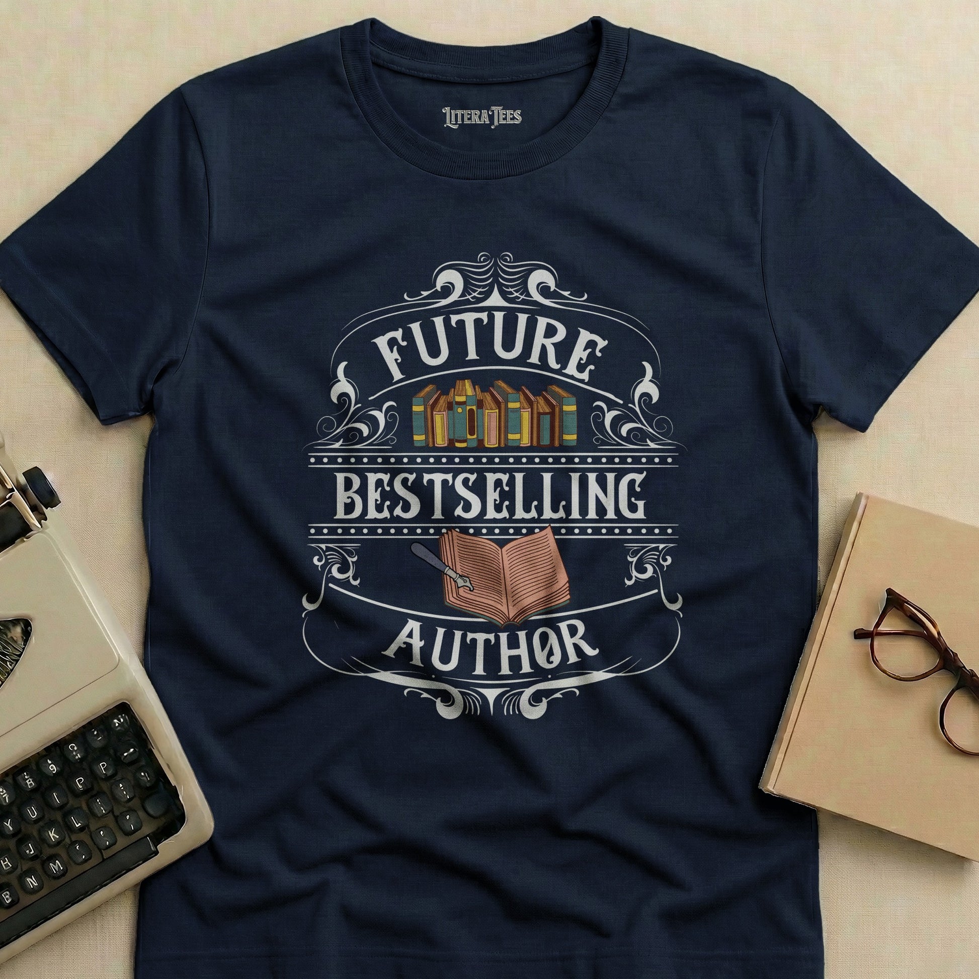 Navy t-shirt with "Future Bestselling Author" and book graphics.