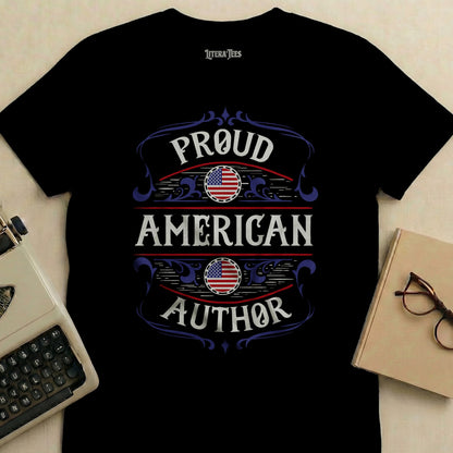 Black t-shirt with "Proud American Author" and US flag in blue, white, and red.