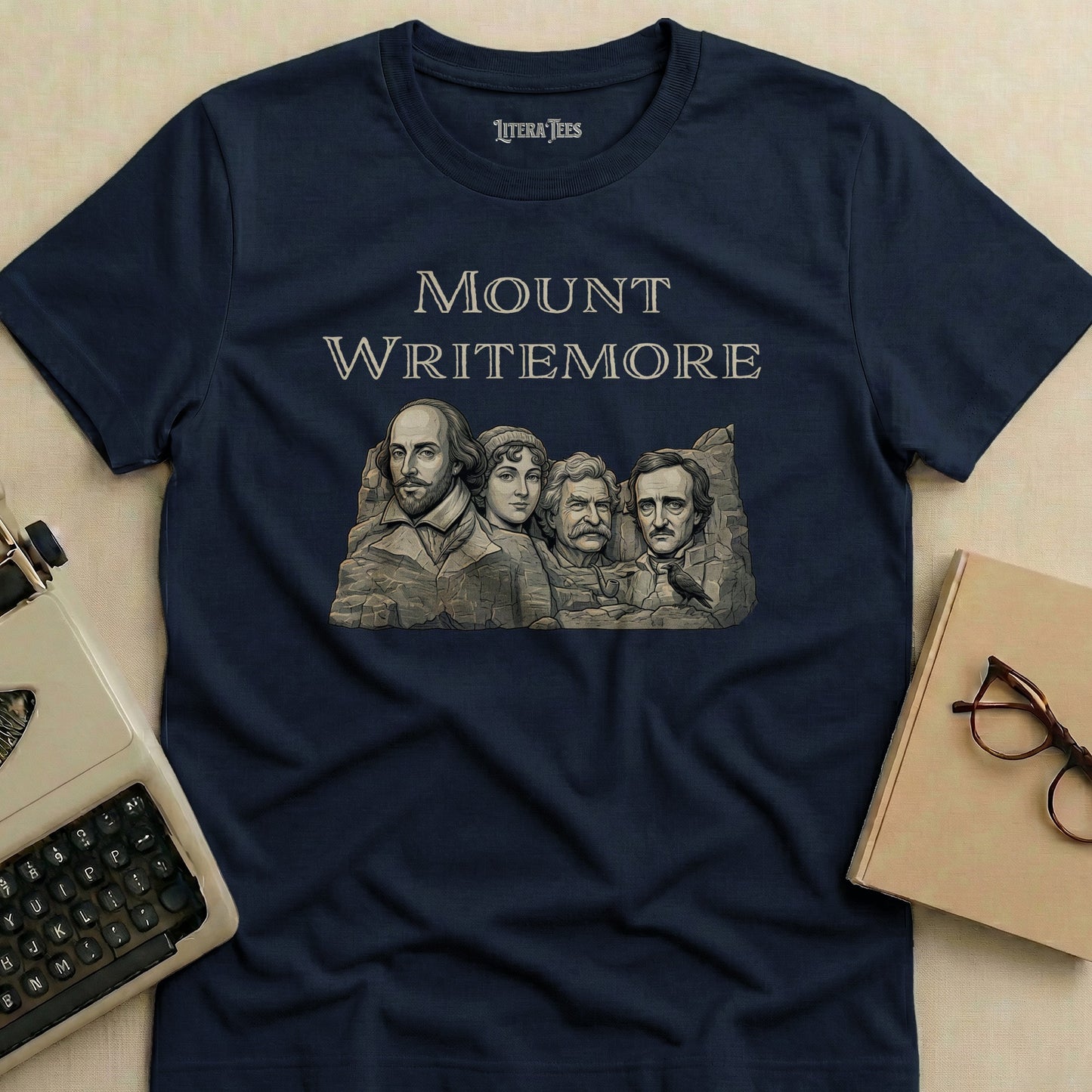 T-shirt with Mount Mountmore featuring Shakespeare, Poe, and Twain.