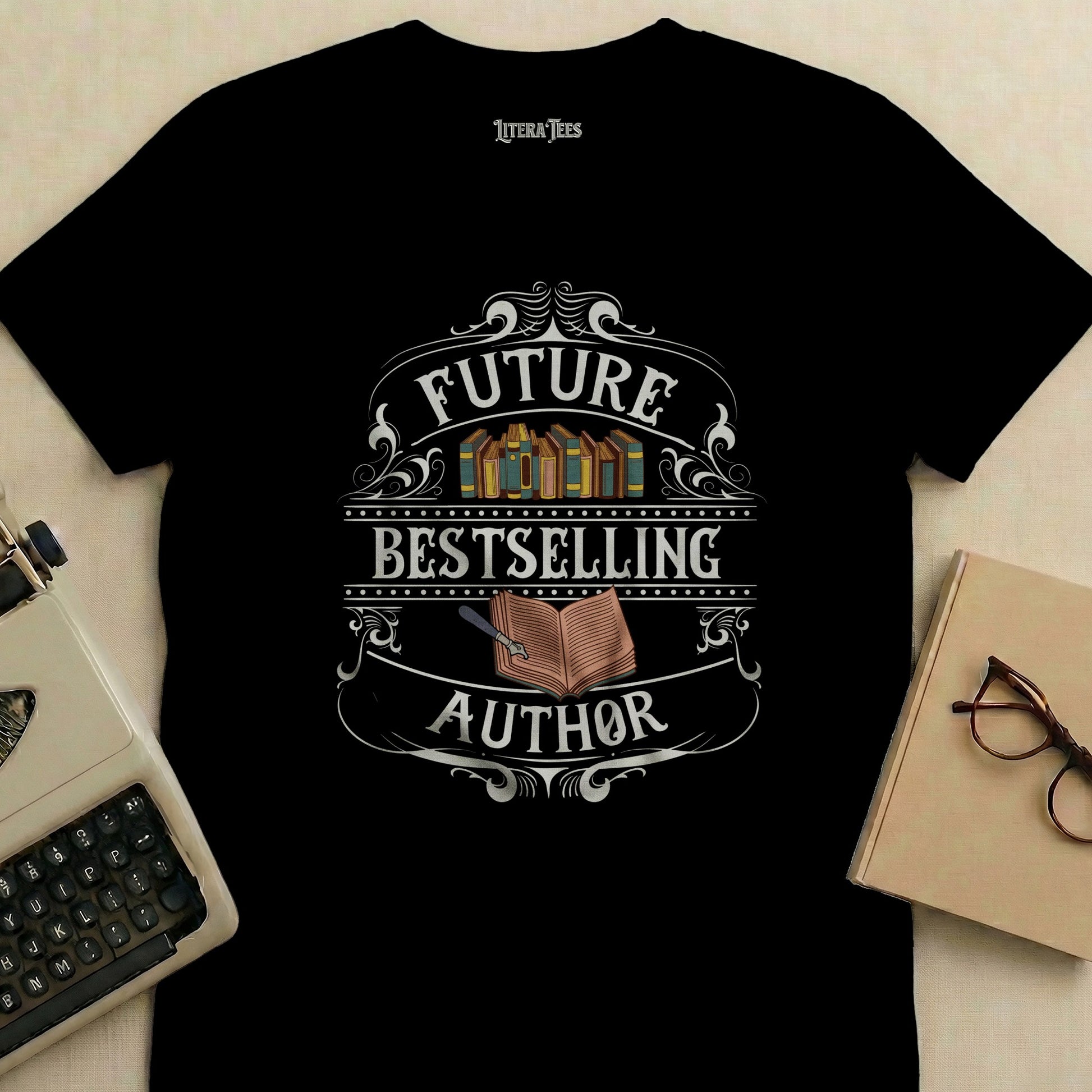 Black t-shirt with "Future Bestselling Author" and open book illustration.