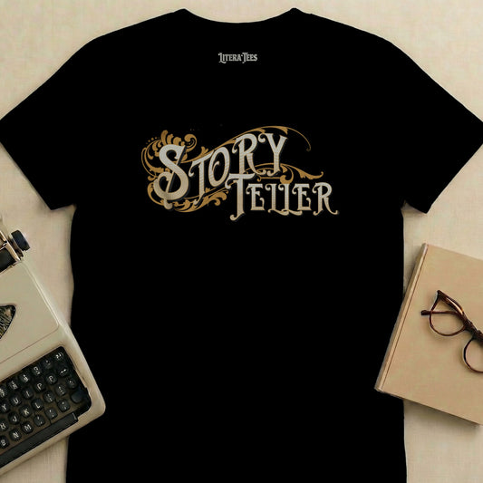 Black t-shirt with "Literatees Story Teller" text and ornate flourishes.