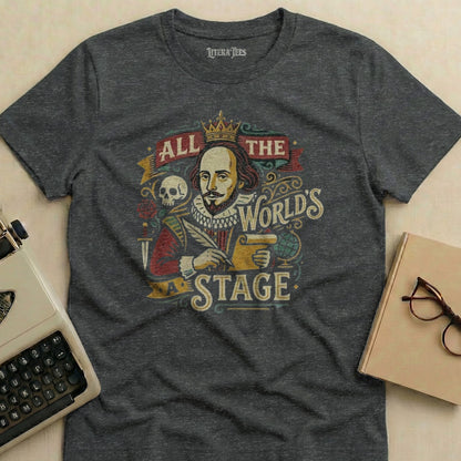 T-shirt with Shakespearean quote "All the world's a stage" and skull imagery.