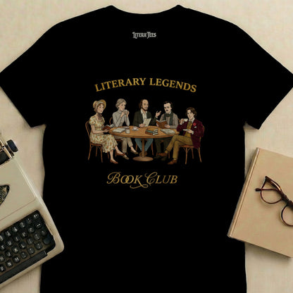 Literary Legends Book Club tee with five people at a table.