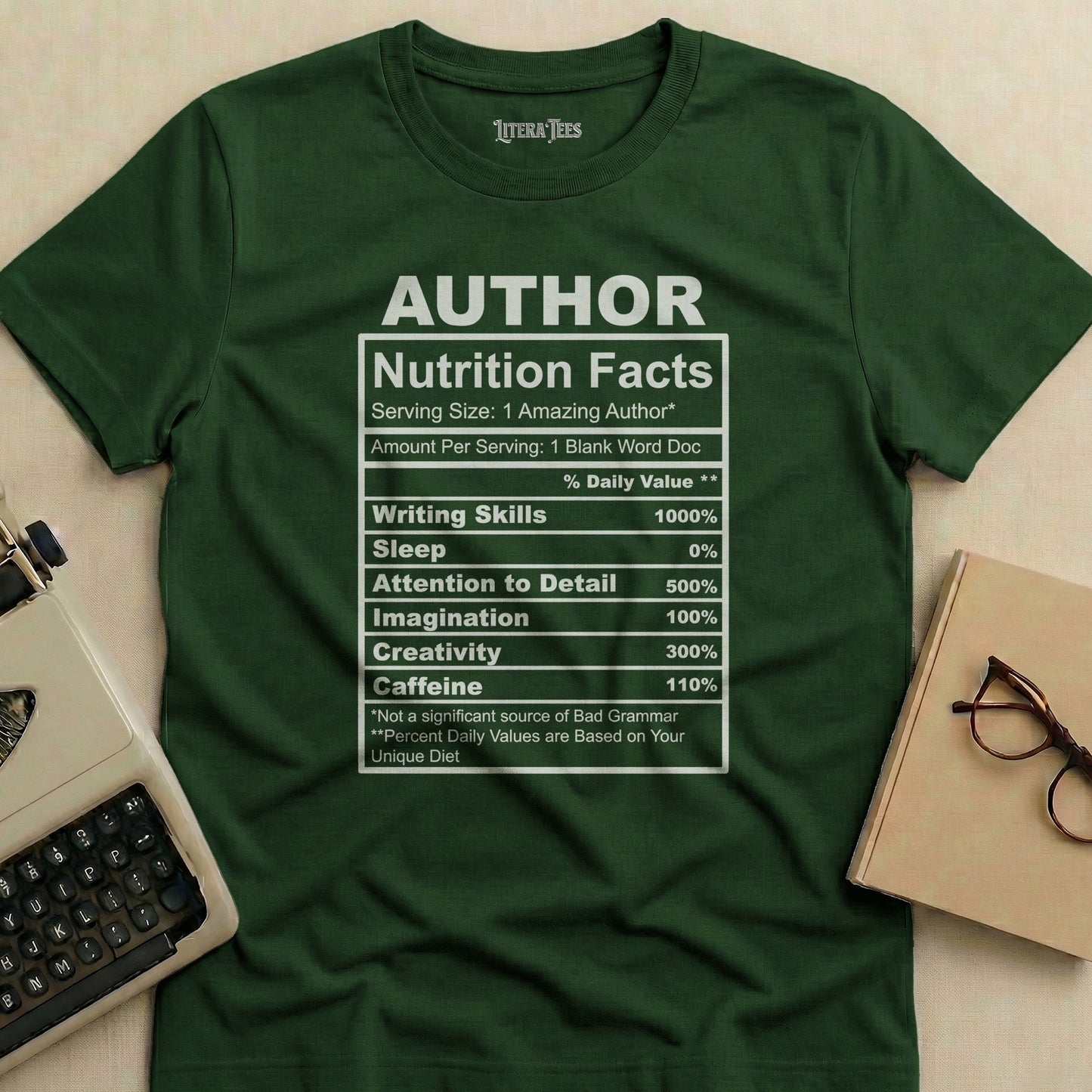 Green t-shirt with "Author Nutrition Facts" design listing skills and ingredients.