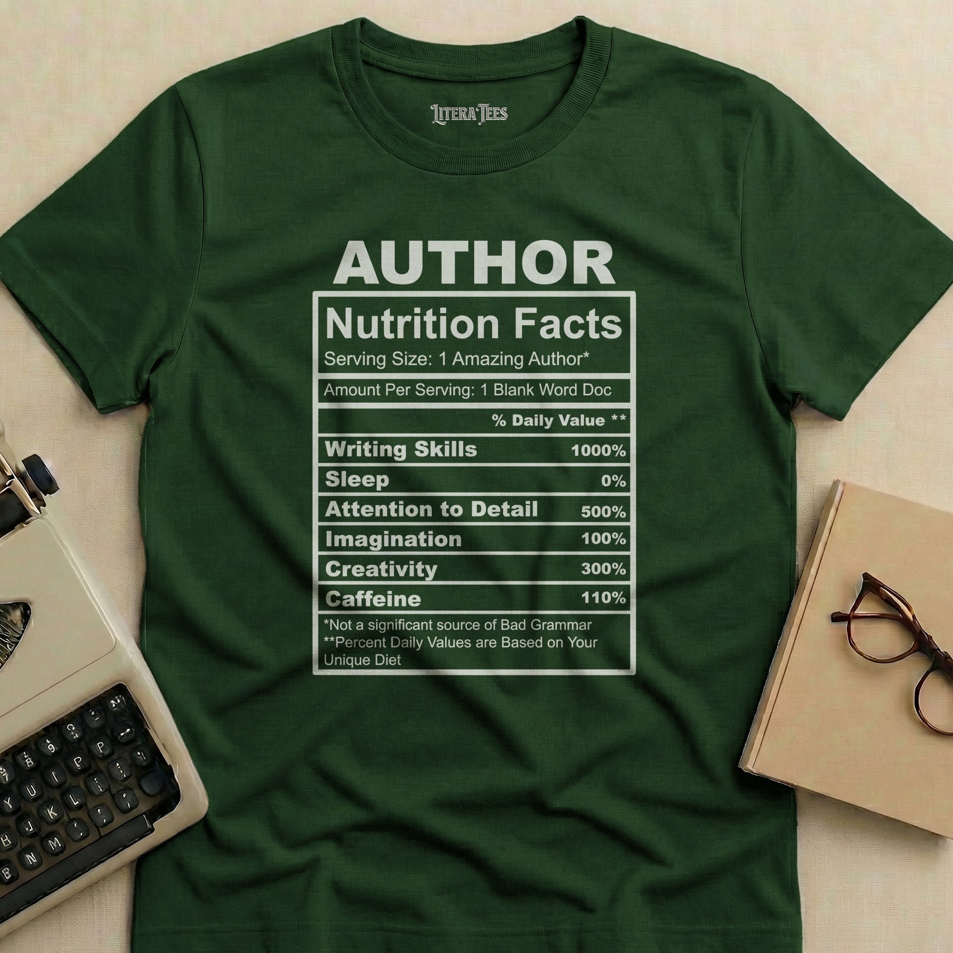 Green t-shirt with "Author Nutrition Facts" design listing skills and ingredients.
