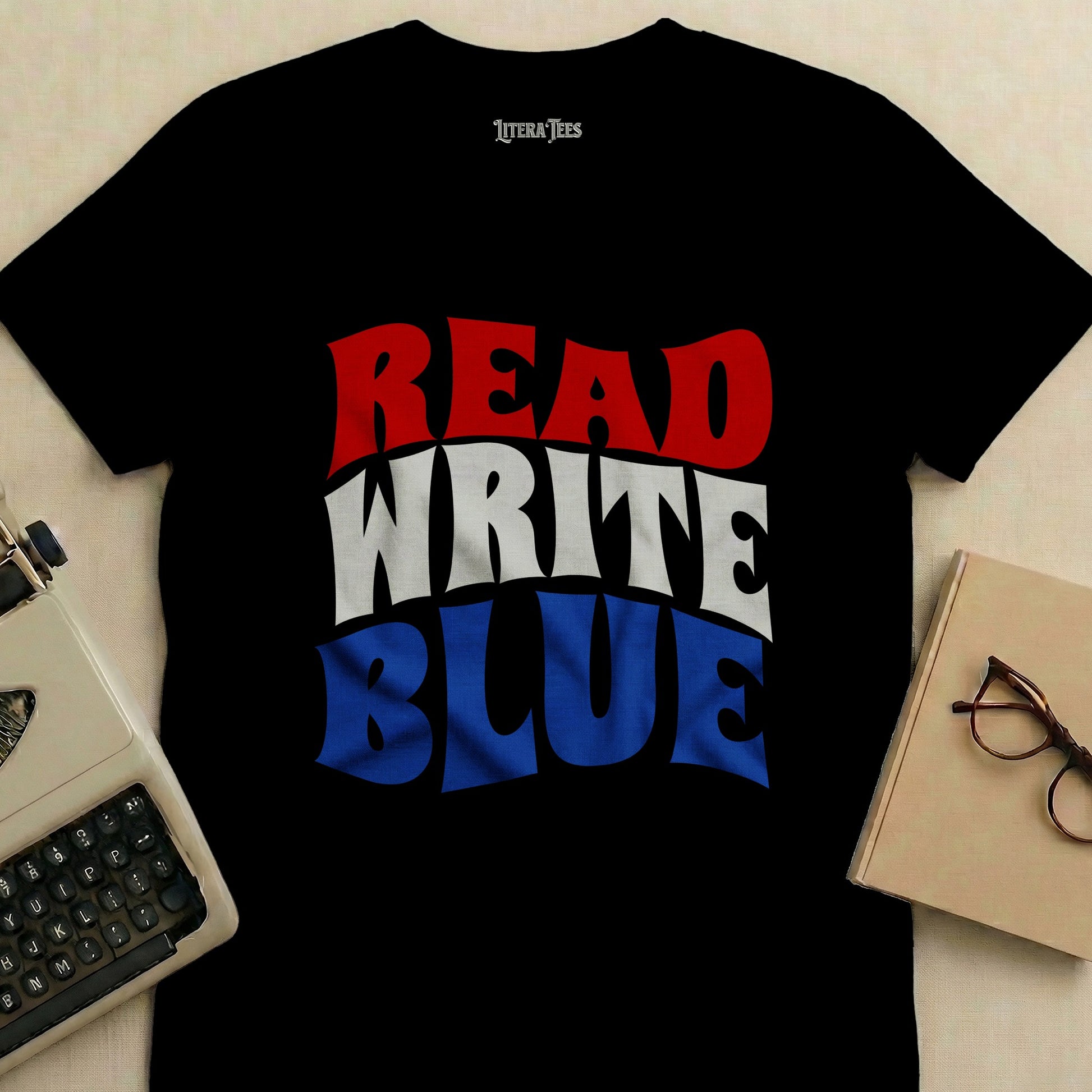 Black t-shirt with "READ WRITE BLUE" text in red, white, and blue.