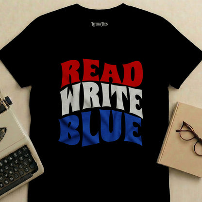Black t-shirt with "READ WRITE BLUE" text in red, white, and blue.
