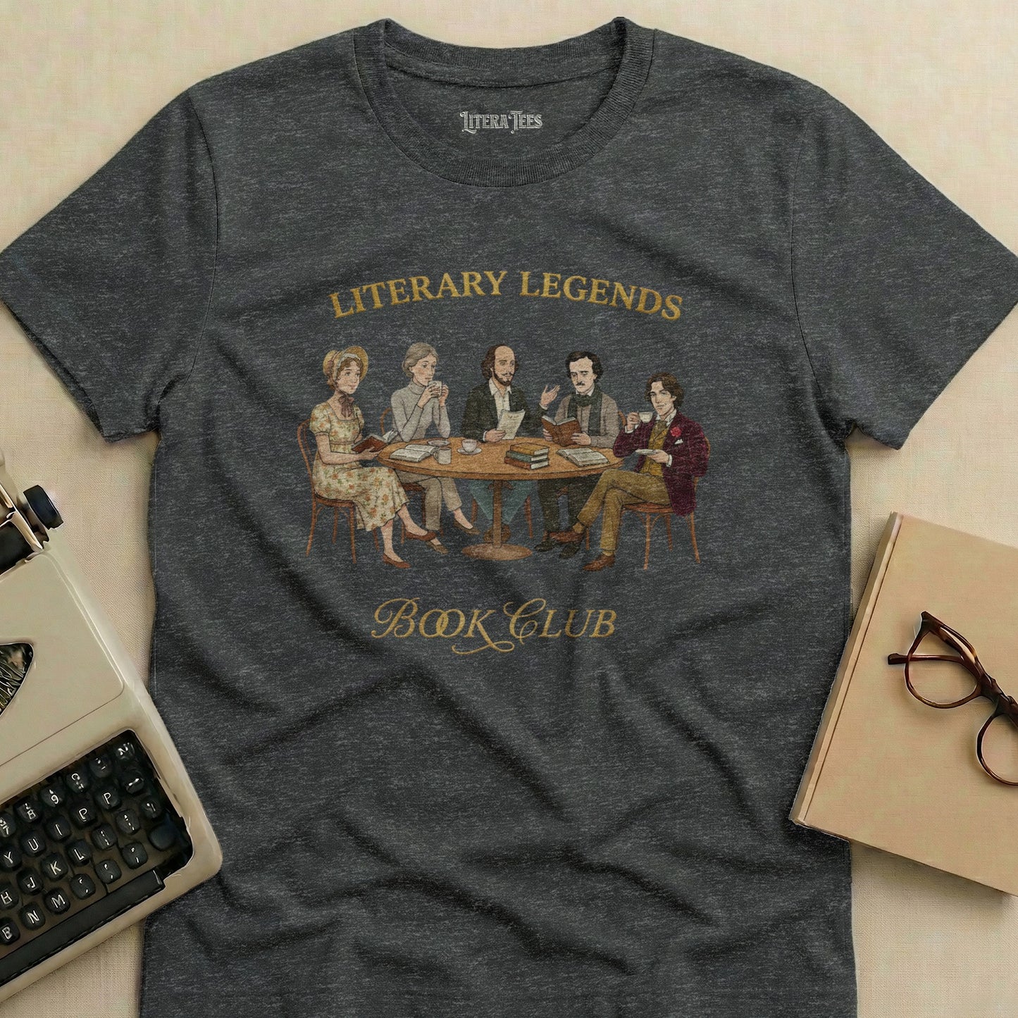 T-shirt graphic featuring a book club illustration and "Literary Legends Book Club" text.