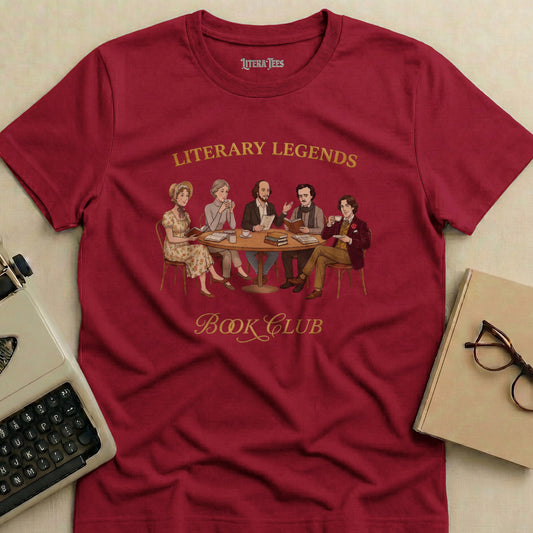 Burgundy t-shirt with "Literary Legends Book Club" graphic featuring classic authors.