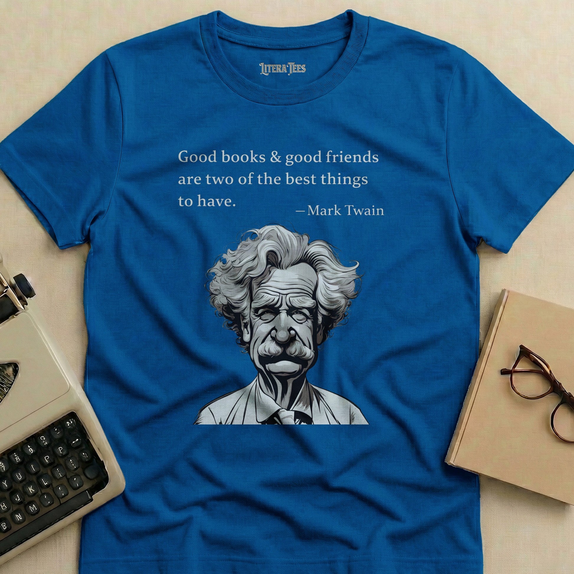 Blue t-shirt with Mark Twain quote and portrait.