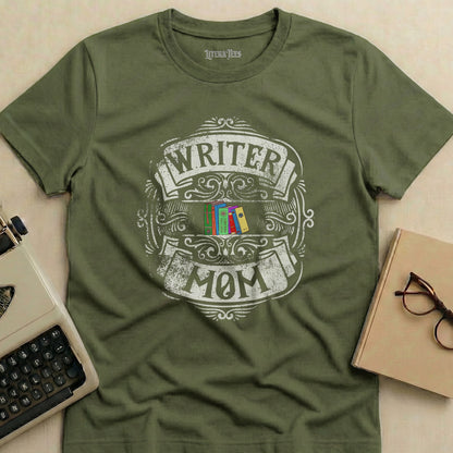 Olive green t-shirt with "Writer Mom" text and stack of books design.