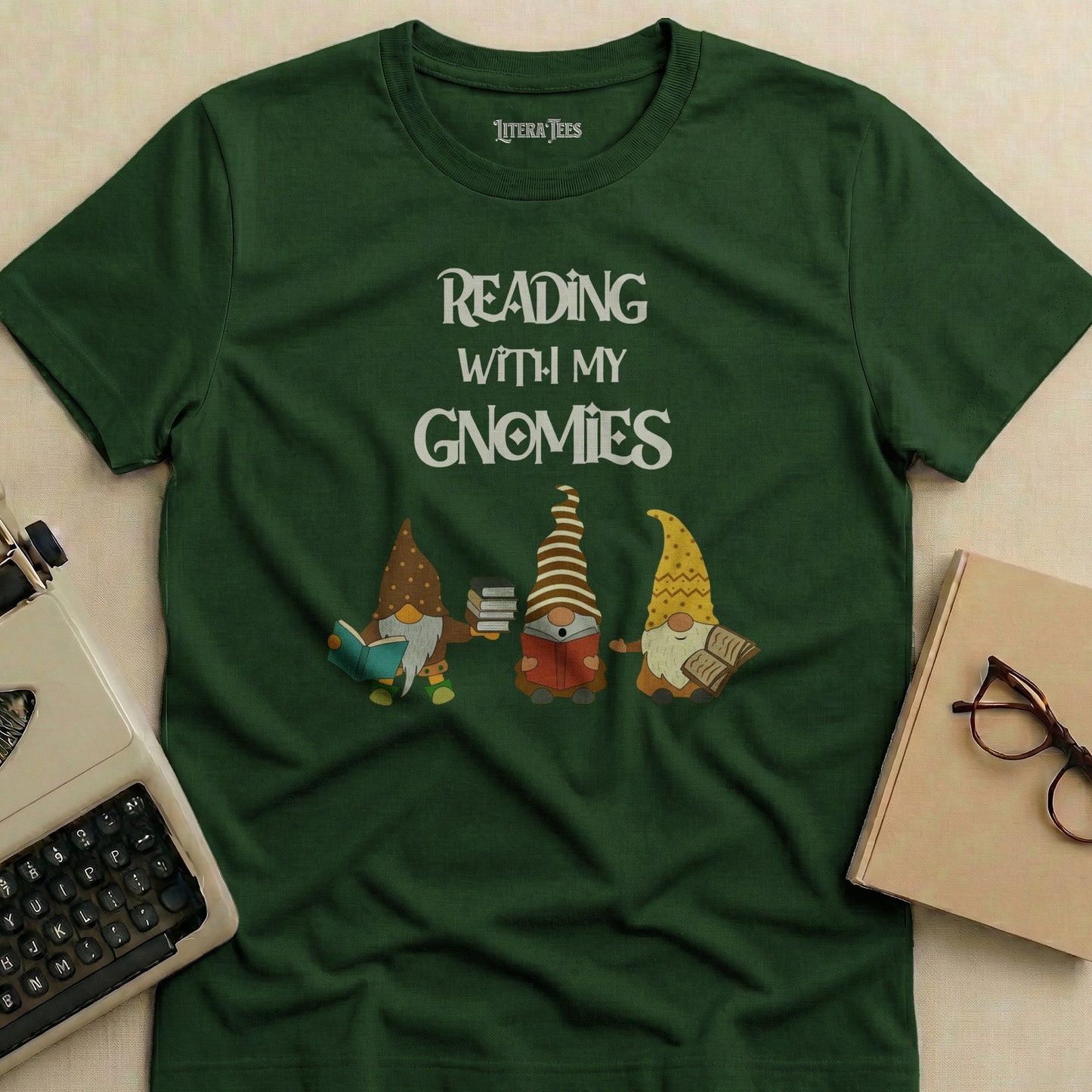 Green t-shirt with "Reading With My Gnomies" text and three gnomes reading books.