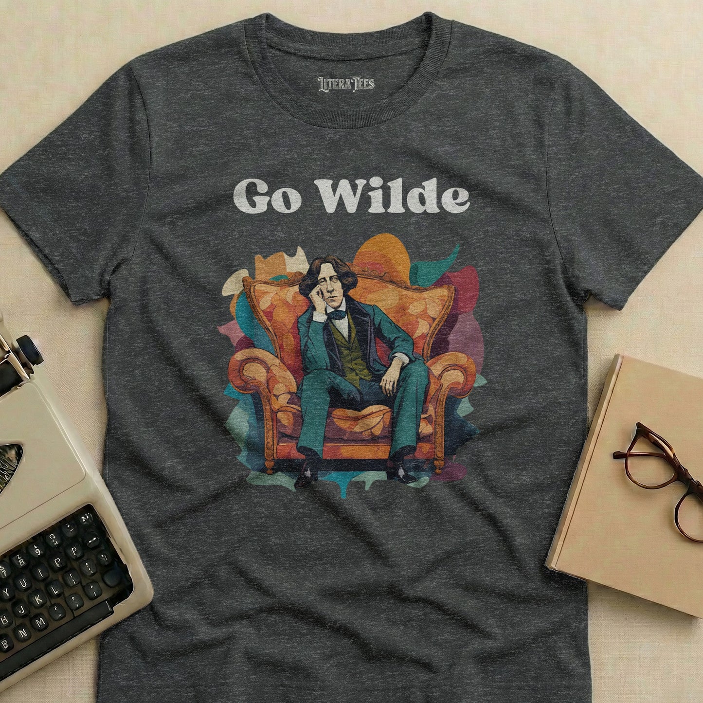 Dark t-shirt with "Go Wilde" and Oscar Wilde illustration.