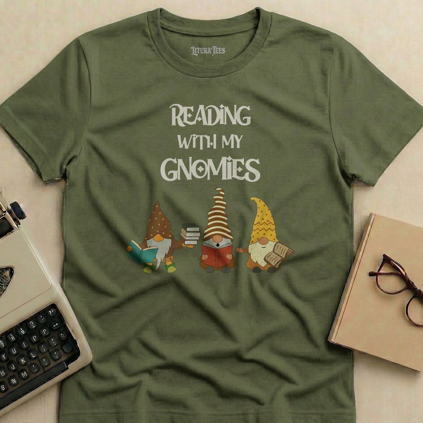 Green t-shirt with "Reading With My Gnomies" and three gnomes reading.
