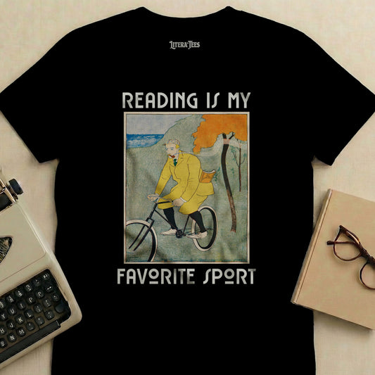 Black t-shirt with "Reading is my favorite sport" and cycling man art.