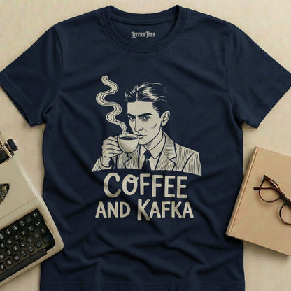 Navy t-shirt with "Coffee and Kafka" and a man holding a coffee cup.