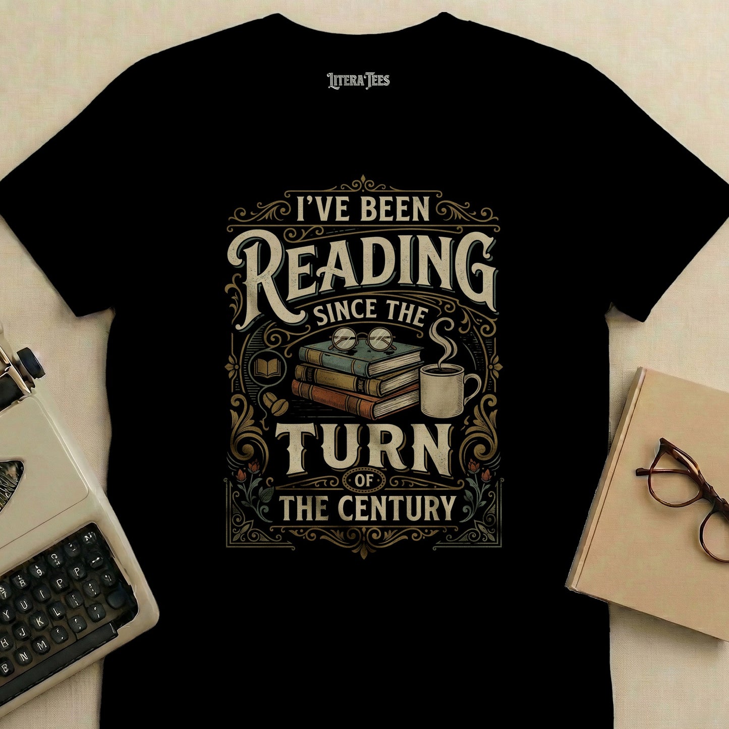 Black t-shirt with "I've Been Reading Since The Turn Of The Century" text.