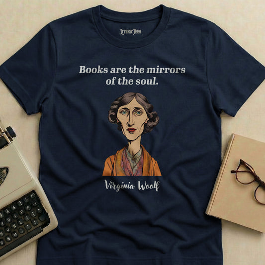 Navy t-shirt with Virginia Woolf portrait and quote "Books are the mirrors of the soul."