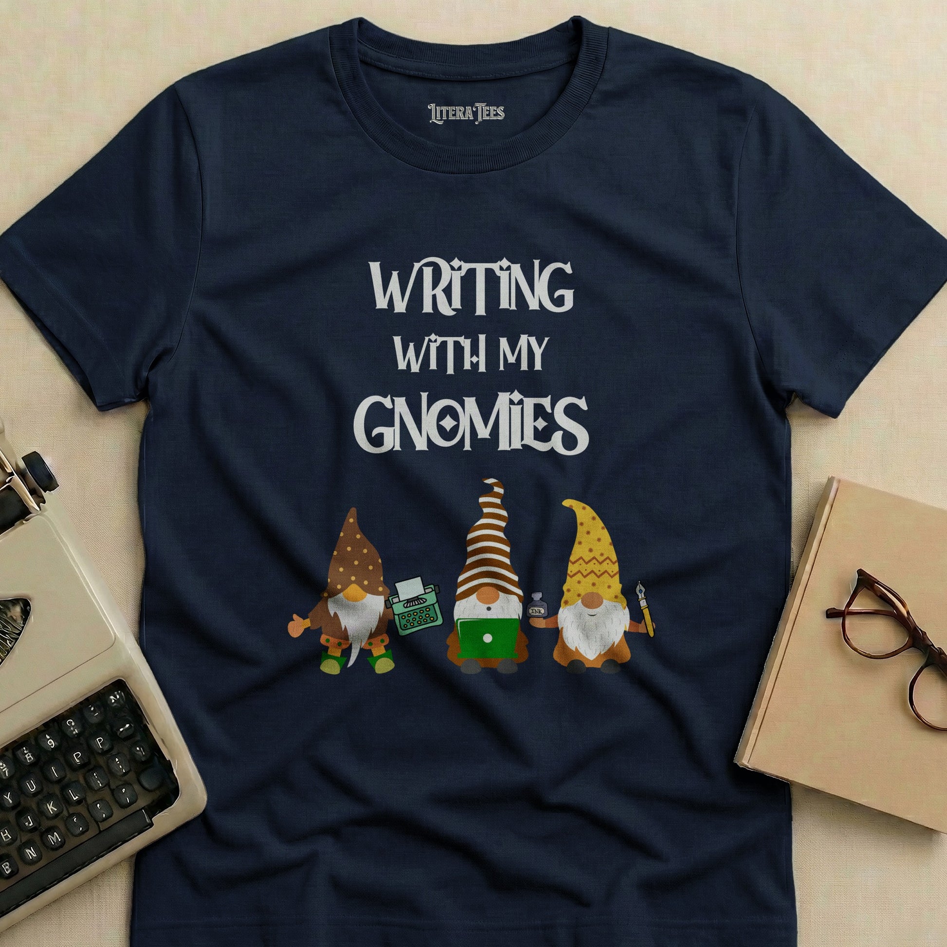 Navy t-shirt with "Writing With My Gnomies" and three gnomes.