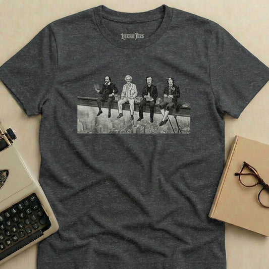 Men sit on a beam high above a city skyline, printed on a dark grey t-shirt.