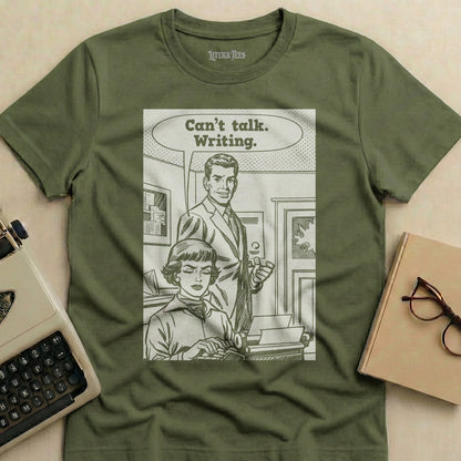 T-shirt with retro comic graphic: woman types, man speaks "Can't talk. Writing."