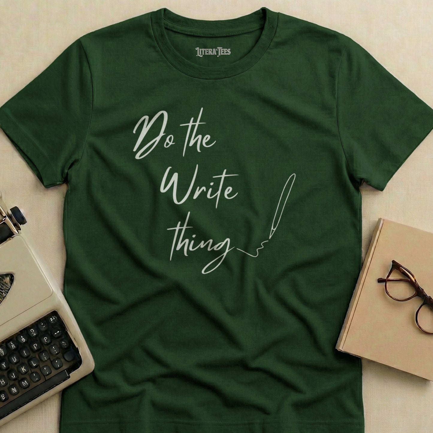 Green t-shirt with "Do the Write thing" text and a pen illustration.