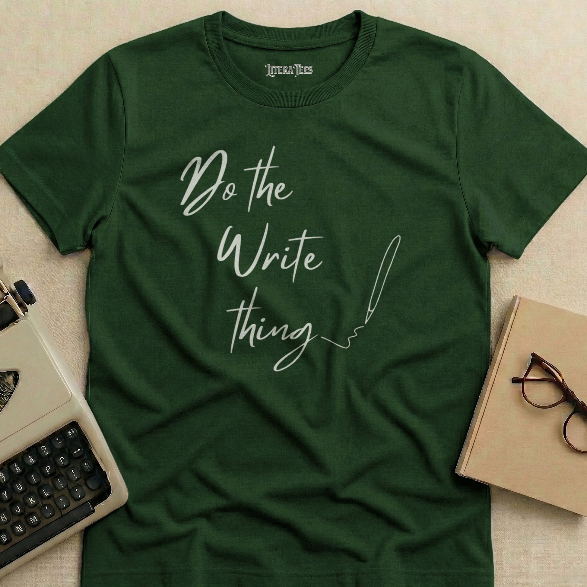 Green t-shirt with "Do the Write thing" text and a pen illustration.