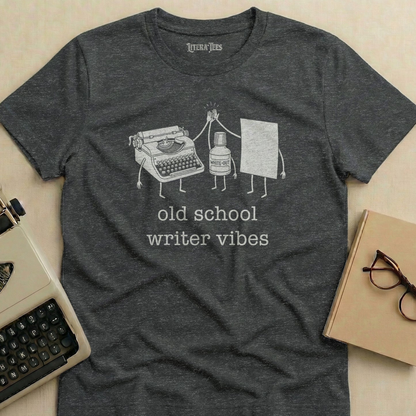 Dark gray t-shirt with "old school writer vibes" and White-Out design.