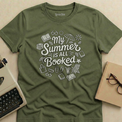 Olive green t-shirt with "My Summer Is All Booked" text and book-themed icons.