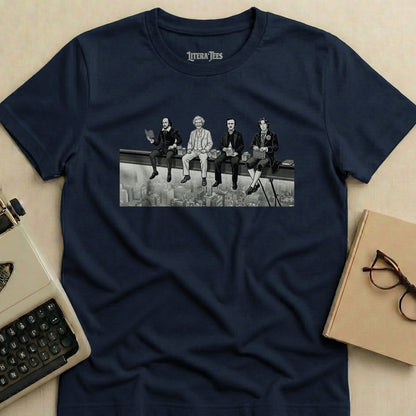 T-shirt features four historical figures sitting on a skyscraper beam.