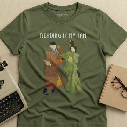Olive green t-shirt with "READING IS MY JAM" and illustration of two people reading.