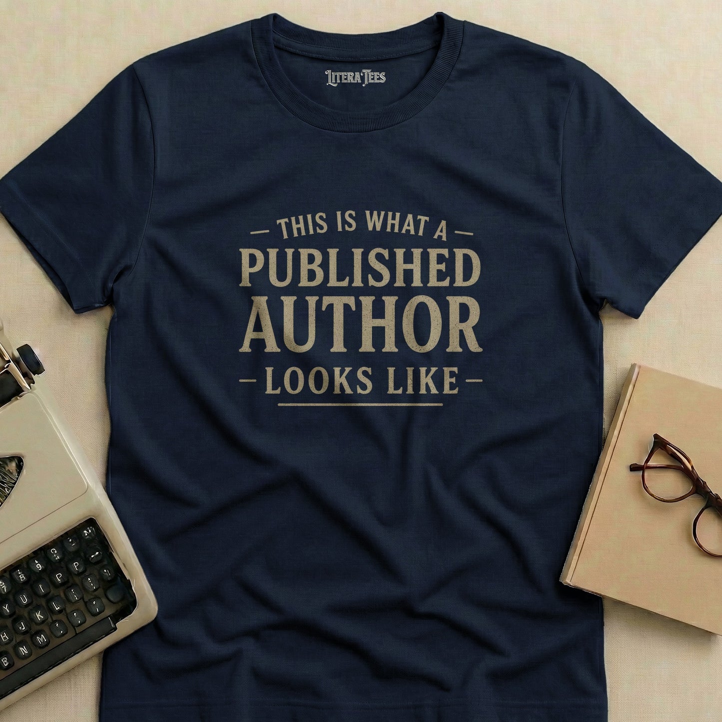 Navy t-shirt with "This is what a published author looks like" text.