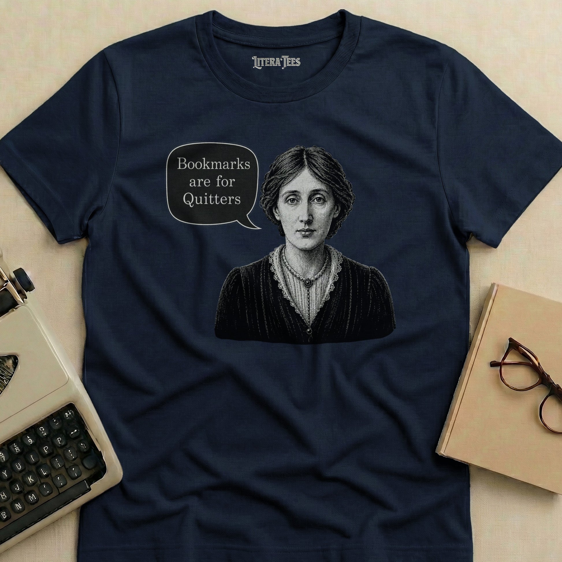 Navy t-shirt with drawing of Virginia Woolf saying "Bookmarks are for Quitters."