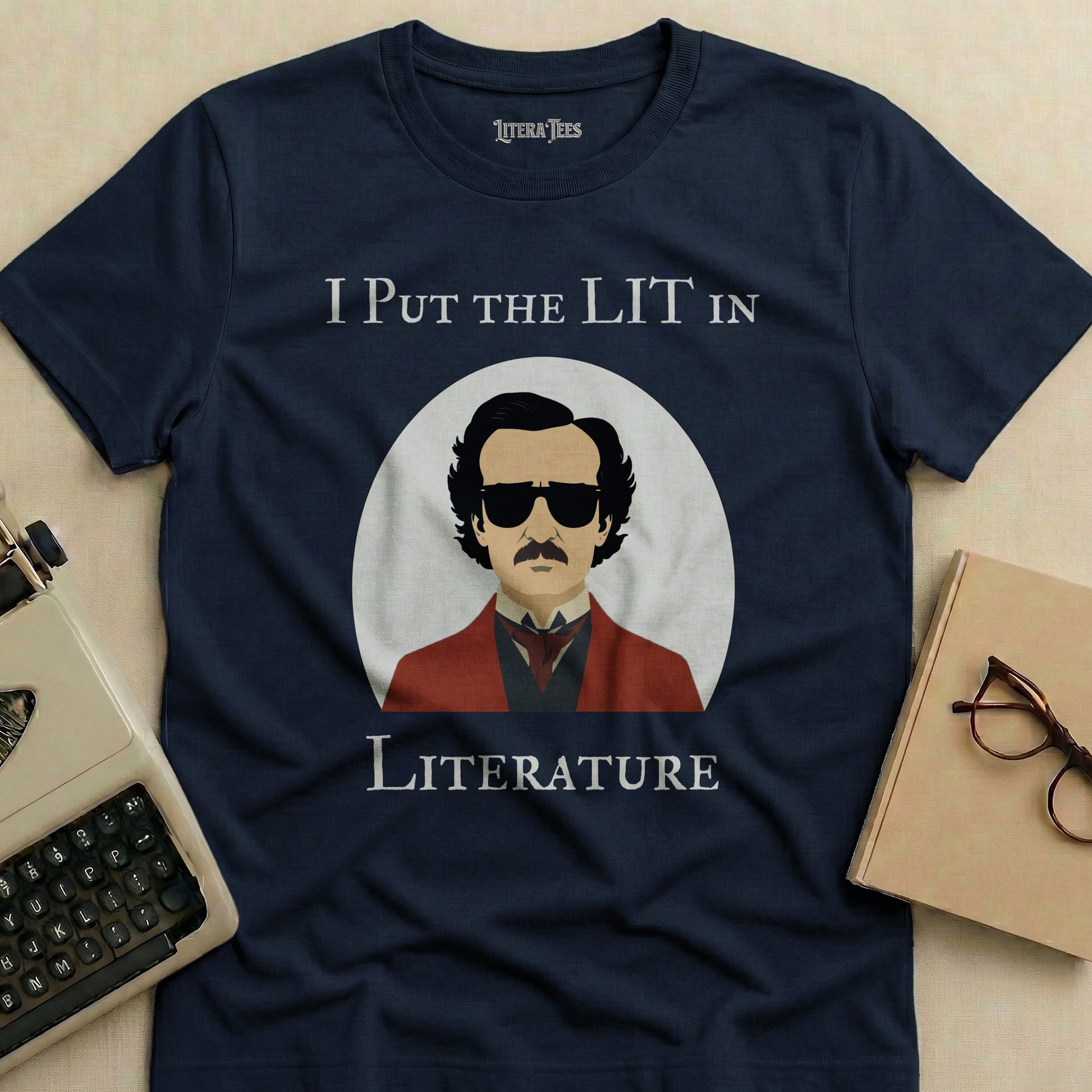 Navy t-shirt with Edgar Allan Poe graphic and "I PUT THE LIT IN LITERATURE" text.