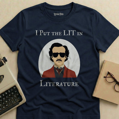 Navy t-shirt with Edgar Allan Poe graphic and "I PUT THE LIT IN LITERATURE" text.