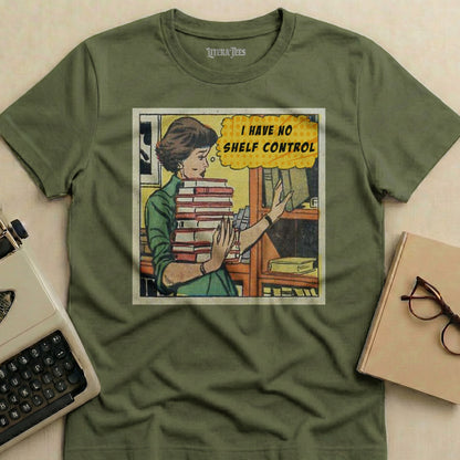 Woman holding books with "I HAVE NO SHELF CONTROL" text.