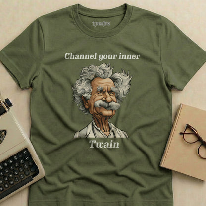 Olive green t-shirt featuring a portrait of Mark Twain and the text "Channel your inner Twain."
