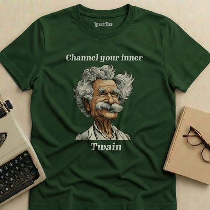 Green t-shirt with Mark Twain illustration and text "Channel your inner Twain".