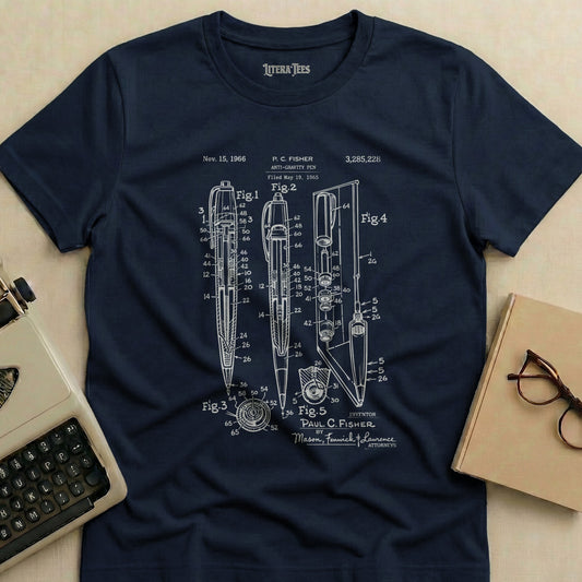 T-shirt with anti-gravity pen patent diagram and text.