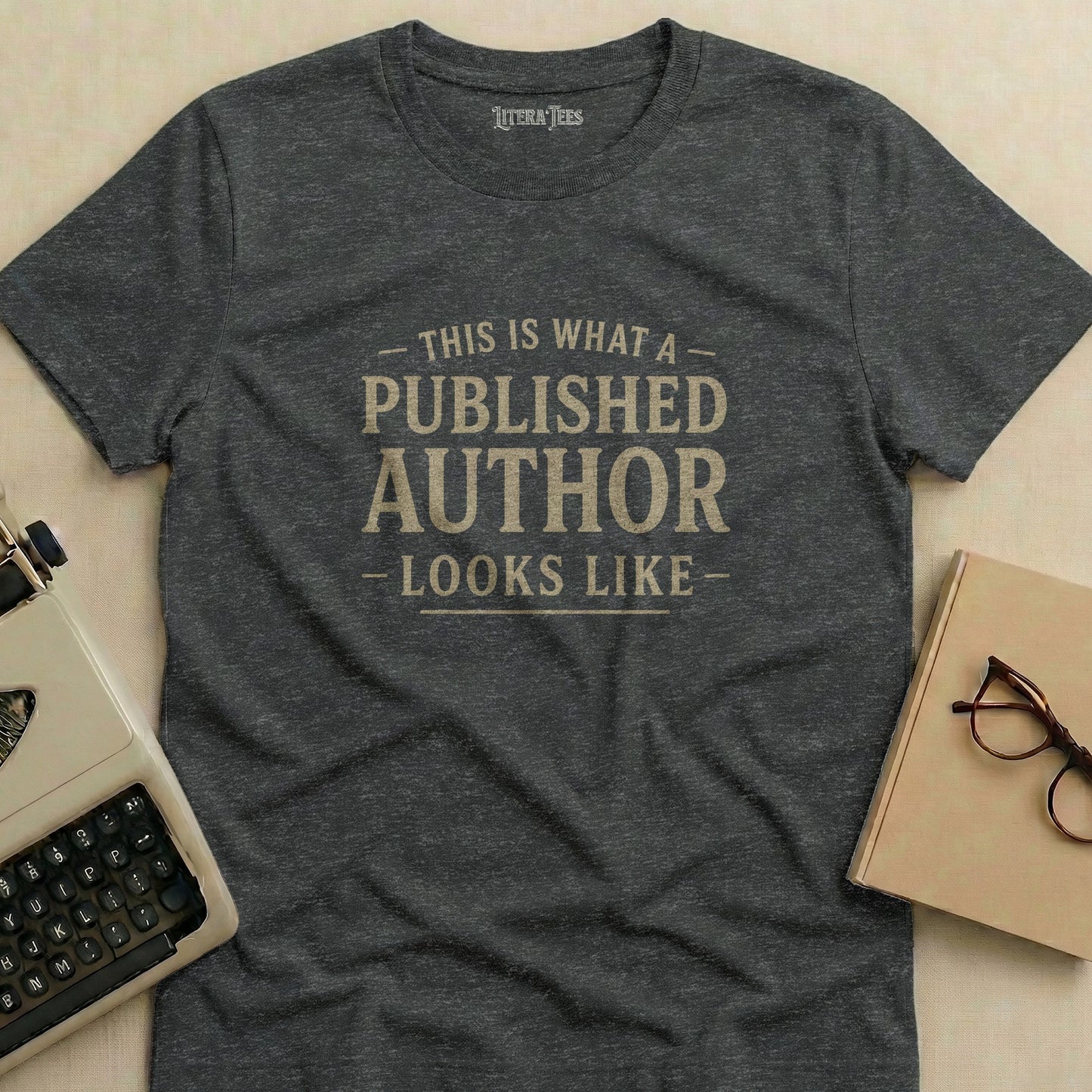 Dark gray t-shirt with "This Is What A Published Author Looks Like" text.